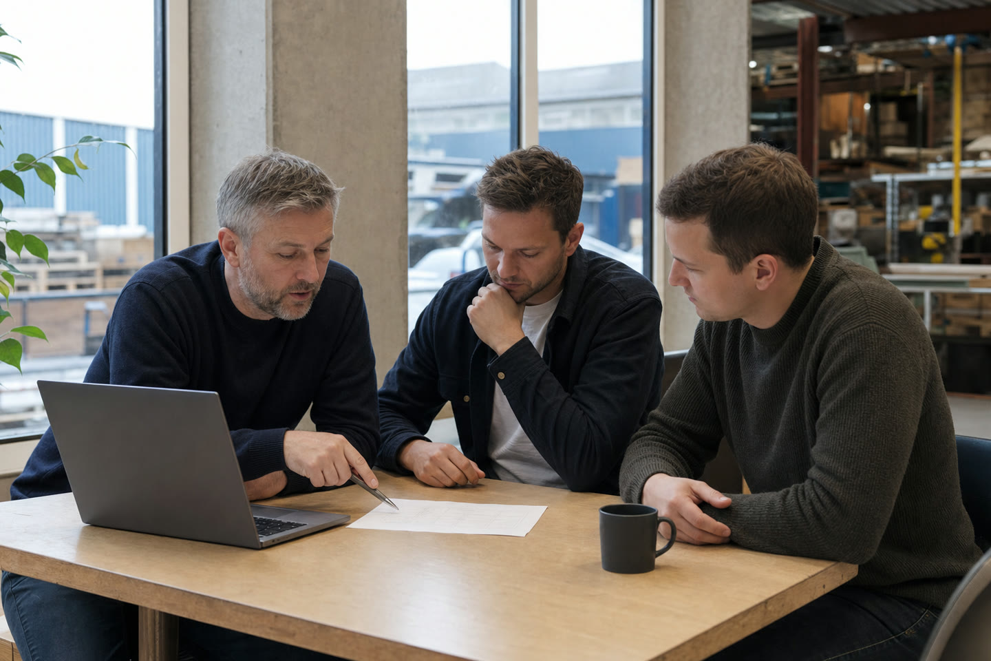A customer lead and two builders discussing a process map
