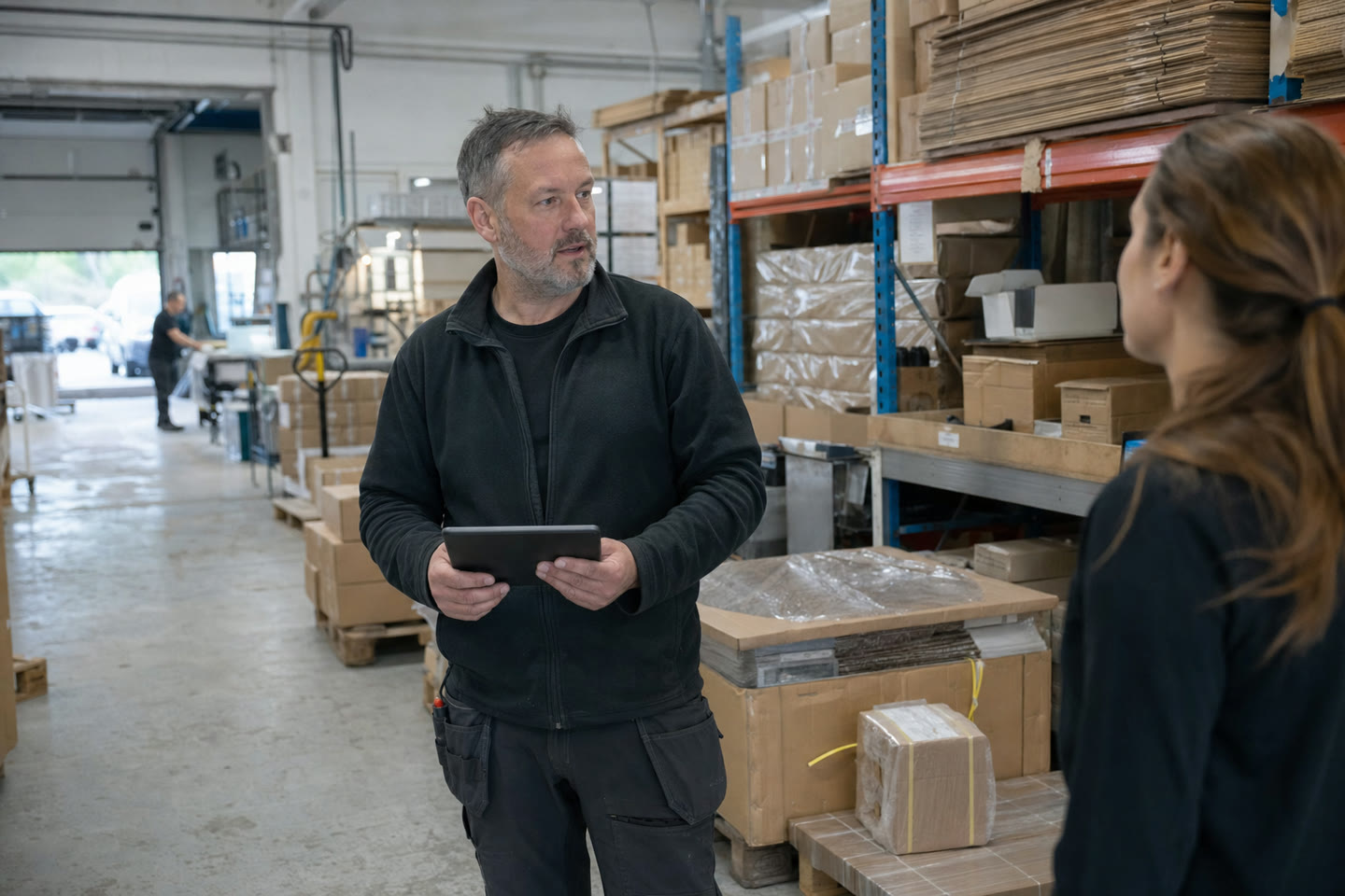 An operations lead reviewing orders on a warehouse floor