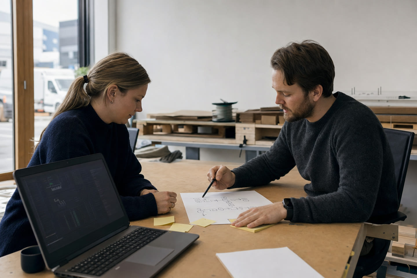 Two software builders mapping an order workflow at a worktable