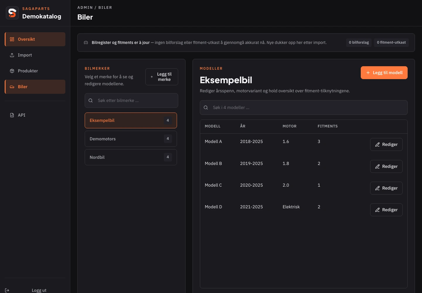 SagaParts bilregister med fiktive merker og modeller