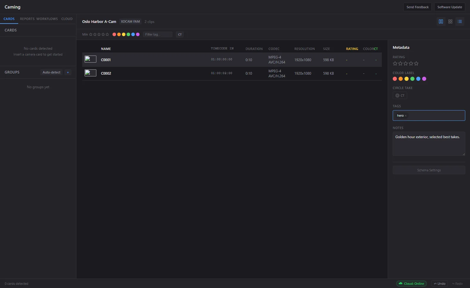 Caming app - clip library with metadata panel, timecodes, codec info, and color labels