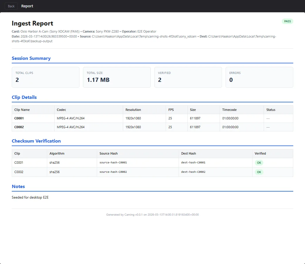 Caming app - ingest report with checksum verification, clip details, and session summary